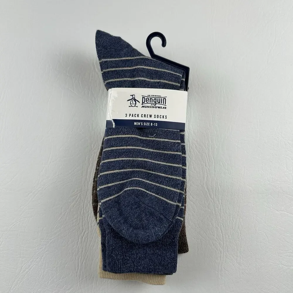 Original Penguin Men’s 3 Pack Crew Dress Socks Blue Brown Stripe Size 8-13 NWT
